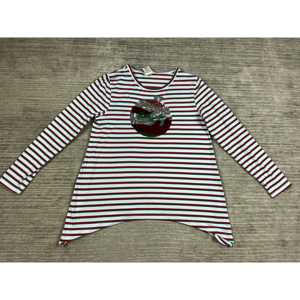 Sophia & Jayne Tunic Womens L White Red Green Striped Sequin Ornament Sharkbite